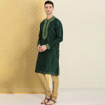 Men Green & Gold-Toned Ethnic Motifs Embroidered Thread Work Jashn Kurta