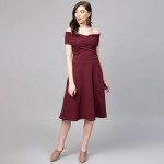 Burgundy Off-Shoulder Pleated Fit & Flare Dress