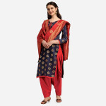 Navy Blue & Red Woven Design Banarasi Unstitched Dress Material
