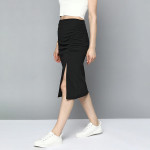 Women Black Pure Cotton Solid Ruched Straight Skirt