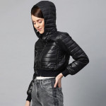 "Women Black Solid Cropped Puffer Jacket "