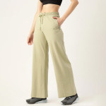 Women Olive Green Solid Cotton Wide Leg Track Pants