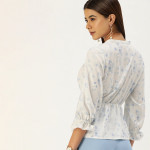 White & Blue Tropical Print Mandarin Collar Peplum Top