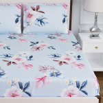 Blue & Pink Floral Glazed Cotton 220 TC King Bedsheet with 2 Pillow Covers