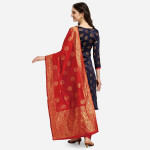 Navy Blue & Red Woven Design Banarasi Unstitched Dress Material
