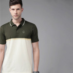 Men Olive Green & Yellow Colourblocked Polo Collar Active Fit T-shirt