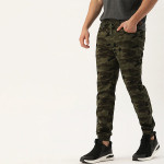 Men Olive Green Camouflage Printed Slim Fit Joggers Trousers