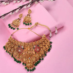 Gold Plated Kemp Stone Studded Lakshmi Design With Dangling Green Beads Choker Set
