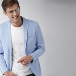 Men Blue Solid Single-Breasted Knitted Blazer