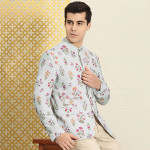 Men Grey & Purple Floral Print Bandhgala Jashn Blazer