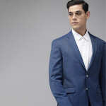 Men Blue Self-Design Slim-Fit Single-Breasted Formal Blazer