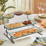 6 Pcs Transparent Glass Set of 3 Tier Serving Platter Set with Iron Stand