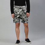 Men Charcoal Grey Camouflage Printed Pure Cotton Cargo Shorts