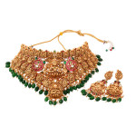 Gold Plated Kemp Stone Studded Lakshmi Design With Dangling Green Beads Choker Set