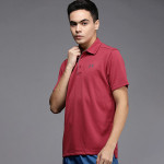 Men Coral Pink Self Striped Polo Collar Loose T-shirt