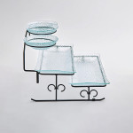 6 Pcs Transparent Glass Set of 3 Tier Serving Platter Set with Iron Stand