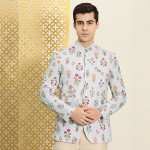 Men Grey & Purple Floral Print Bandhgala Jashn Blazer