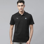 Men Black BMW Striped Polo Collar Pure Cotton Motorsports T-shirt