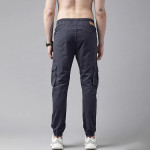 Men Navy Blue Solid Mid-Rise Woven Pure Cotten Cargo Trousers