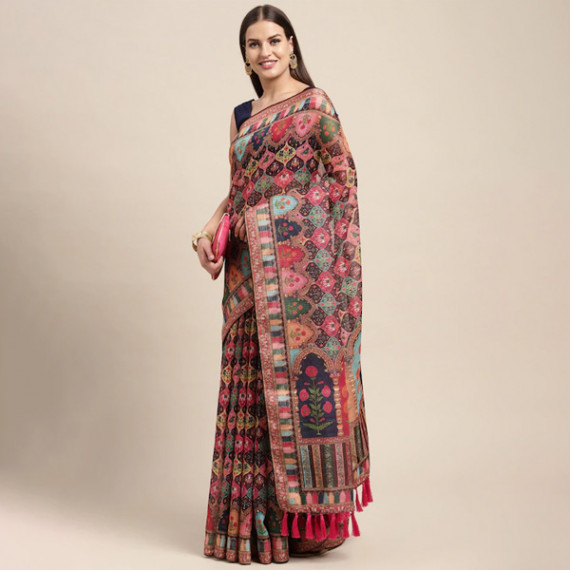 https://fashionrise.in/products/peach-coloured-multicoloured-kalamkari-sequinned-linen-blend-block-print-saree