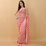 Pink & Red Floral Embroidered Net Heavy Work Saree