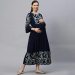 Women Navy Blue Embroidered Maternity Feeding Maxi Nursing Dress
