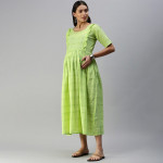 Lime Green Woven Design Handloom Maternity A-Line Midi Dress