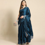 Blue Floral Embroidered Satin Saree
