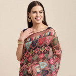 Peach-Coloured & Multicoloured Kalamkari Sequinned Linen Blend Block Print Saree