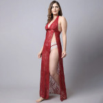 Women Maroon Embroidered Lace Above Knee Baby Doll Dress/ Nightwear Lingerie