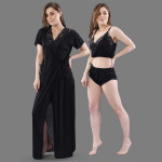 Women Black Solid Satin 3 Piece Nightwear Set