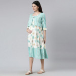 Women Off White & Green Floral Maternity A-Line Midi Dress
