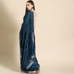 Blue Floral Embroidered Satin Saree