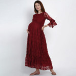 Women Maroon Maternity Self Design Maxi Dress