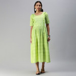 Lime Green Woven Design Handloom Maternity A-Line Midi Dress